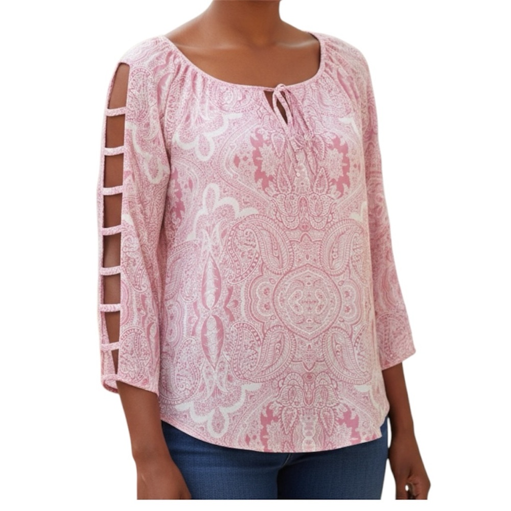 Fred David Pink Paisley Blouse with Ladder Sleeves